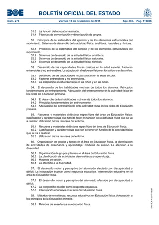 BOLETÍN OFICIAL DEL ESTADO
Núm. 278	

Viernes 18 de noviembre de 2011	

Sec. II.B. Pág. 119806

51.3  La función del educador-animador.
51.4  Técnicas de comunicación y dinamización de grupos.
52.  Principios de la sistemática del ejercicio y de los elementos estructurales del
movimiento. Sistemas de desarrollo de la actividad física: analíticos, naturales y rítmicos.
52.1  Principios de la sistemática del ejercicio y de los elementos estructurales del
movimiento.
52.2  Sistemas de desarrollo de la actividad física: analíticos.
52.3  Sistemas de desarrollo de la actividad física: naturales.
52.4  Sistemas de desarrollo de la actividad física: rítmicos.
53.  Desarrollo de las capacidades físicas básicas en la edad escolar. Factores
entrenables y no entrenables. La adaptación al esfuerzo físico en los niños y en las niñas.
53.1  Desarrollo de las capacidades físicas básicas en la edad escolar.
53.2  Factores entrenables y no entrenables.
53.3  La adaptación al esfuerzo físico en los niños y en las niñas.
54.  El desarrollo de las habilidades motrices de todos los alumnos. Principios
fundamentales del entrenamiento. Adecuación del entrenamiento en la actividad física en
los ciclos de Educación primaria.
54.1  El desarrollo de las habilidades motrices de todos los alumnos.
54.2  Principios fundamentales del entrenamiento.
54.3  Adecuación del entrenamiento en la actividad física en los ciclos de Educación
primaria.
55.  Recursos y materiales didácticos específicos del área de Educación física:
clasificación y características que han de tener en función de la actividad física que se va
a realizar. Utilización de los recursos del entorno.
55.1  Recursos y materiales didácticos específicos del área de Educación física.
55.2  Clasificación y características que han de tener en función de la actividad física
que se va a realizar.
55.3  Utilización de los recursos del entorno.
56.  Organización de grupos y tareas en el área de Educación física, la planificación
de actividades de enseñanza y aprendizaje: modelos de sesión. La atención a la
diversidad.
56.1 
56.2 
56.3 
56.4 

Organización de grupos y tareas en el área de Educación física.
La planificación de actividades de enseñanza y aprendizaje.
Modelos de sesión.
La atención a la diversidad.

57.1  El desarrollo motor y perceptivo del alumnado afectado por discapacidad o
déficit.
57.2  La integración escolar como respuesta educativa.
57.3  Intervención educativa en el área de Educación física.
58.  Métodos de enseñanza, recursos educativos en Educación física. Adecuación a
los principios de la Educación primaria.
58.1  Métodos de enseñanza en educación física.

cve: BOE-A-2011-18097

57.  El desarrollo motor y perceptivo del alumnado afectado por discapacidad o
déficit. La integración escolar como respuesta educativa. Intervención educativa en el
área de Educación física.

 