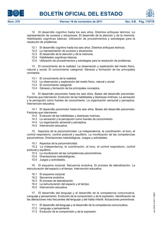 BOLETÍN OFICIAL DEL ESTADO
Núm. 278	

Viernes 18 de noviembre de 2011	

Sec. II.B. Pág. 119778

12.  El desarrollo cognitivo hasta los seis años. Distintos enfoques teóricos. La
representación de sucesos y situaciones. El desarrollo de la atención y de la memoria.
Habilidades cognitivas básicas. Utilización de procedimientos y estrategias para la
resolución de problemas.
12.1 
12.2 
12.3 
12.4 
12.5 

El desarrollo cognitivo hasta los seis años. Distintos enfoques teóricos.
La representación de sucesos y situaciones.
El desarrollo de la atención y de la memoria.
Habilidades cognitivas básicas.
Utilización de procedimientos y estrategias para la resolución de problemas.

13.  El conocimiento de la realidad. La observación y exploración del medio físico,
natural y social. El conocimiento categorial. Génesis y formación de los principales
conceptos.
13.1 
13.2 
13.3 
13.4 

El conocimiento de la realidad.
La observación y exploración del medio físico, natural y social.
El conocimiento categorial.
Génesis y formación de los principales conceptos.

14.  El desarrollo psicomotor hasta los seis años. Bases del desarrollo psicomotor.
Factores que intervienen. Evolución de las habilidades y destrezas motrices. La sensación
y la percepción como fuentes de conocimiento. La organización sensorial y perceptiva.
Intervención educativa.
14.1  El desarrollo psicomotor hasta los seis años. Bases del desarrollo psicomotor.
Factores que intervienen.
14.2  Evolución de las habilidades y destrezas motrices.
14.3  La sensación y la percepción como fuentes de conocimiento.
14.4  La organización sensorial y perceptiva.
14.5  Intervención educativa.
15.  Aspectos de la psicomotricidad. La independencia, la coordinación, el tono, el
control respiratorio, control postural y equilibrio. La movilización de las competencias
psicomotrices. Orientaciones metodológicas. Juegos y actividades.
15.1  Aspectos de la psicomotricidad.
15.2  La independencia, la coordinación, el tono, el control respiratorio, control
postural y equilibrio.
15.3  La movilización de las competencias psicomotrices.
15.4  Orientaciones metodológicas.
15.5  Juegos y actividades.
16.  El esquema corporal. Secuencia evolutiva. El proceso de lateralización. La
estructuración del espacio y el tiempo. Intervención educativa.
El esquema corporal.
Secuencia evolutiva.
El proceso de lateralización.
La estructuración del espacio y el tiempo.
Intervención educativa.

17.  El desarrollo del lenguaje y el desarrollo de la competencia comunicativa.
Lenguaje y pensamiento. Evolución de la comprensión y de la expresión. Identificación de
las alteraciones más frecuentes del lenguaje y del habla infantil. Actuaciones preventivas.
17.1  El desarrollo del lenguaje y el desarrollo de la competencia comunicativa.
17.2  Lenguaje y pensamiento.
17.3  Evolución de la comprensión y de la expresión.

cve: BOE-A-2011-18097

16.1 
16.2 
16.3 
16.4 
16.5 

 