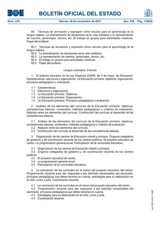BOLETÍN OFICIAL DEL ESTADO
Viernes 18 de noviembre de 2011	

Sec. II.B. Pág. 119829

60.  Técnicas de animación y expresión como recurso para el aprendizaje de la
lengua inglesa. La dramatización de situaciones de la vida cotidiana y la representación
de cuentos, personajes, cómics, etc. El trabajo en grupos para actividades creativas.
Papel del profesor.
60.1  Técnicas de animación y expresión como recurso para el aprendizaje de la
lengua inglesa.
60.2  La dramatización de situaciones de la vida cotidiana.
60.3  La representación de cuentos, personajes, cómics, etc.
60.4  El trabajo en grupos para actividades creativas.
60.5  Papel del profesor.
Lengua extranjera: Francés
1.  El sistema educativo en la Ley Orgánica 2/2006, de 3 de mayo, de Educación:
Características, estructura y organización. La Educación primaria: objetivos, organización,
principios pedagógicos y evaluación.
1.1 Características.
1.2  Estructura y organización.
1.3  La Educación primaria: Objetivos.
1.4  La Educación primaria: Organización.
1.5  La Educación primaria: Principios pedagógicos y evaluación.
2.  Análisis de los elementos del currículo de la Educación primaria: objetivos,
competencias básicas, contenidos, métodos pedagógicos y criterios de evaluación.
Relación entre los elementos del currículo. Contribución del currículo al desarrollo de las
competencias básicas.
2.1  Análisis de los elementos del currículo de la Educación primaria: objetivos,
competencias básicas, contenidos, métodos pedagógicos y criterios de evaluación.
2.2  Relación entre los elementos del currículo.
2.3  Contribución del currículo al desarrollo de las competencias básicas.
3.  Organización de los centros de Educación infantil y primaria. Órganos colegiados
de gobierno y de coordinación docente de los centros públicos. El proyecto educativo de
centro. La programación general anual. Participación de la comunidad educativa.
3.1  Organización de los centros de Educación infantil y primaria.
3.2  Órganos colegiados de gobierno y de coordinación docente de los centros
públicos.
3.3  El proyecto educativo de centro.
3.4  La programación general anual.
3.5  Participación de la comunidad educativa.
4.  La concreción de los currículos en el marco del proyecto educativo del centro.
Programación docente para dar respuesta a las distintas necesidades del alumnado:
principios pedagógicos que deben tenerse en cuenta, estrategias para su elaboración en
el ciclo, curso y aula. Coordinación docente.
4.1  La concreción de los currículos en el marco del proyecto educativo del centro.
4.2  Programación docente para dar respuesta a las distintas necesidades del
alumnado: principios pedagógicos que deben tenerse en cuenta.
4.3  Estrategias para su elaboración en el ciclo, curso y aula.
4.4  Coordinación docente.

cve: BOE-A-2011-18097

Núm. 278	

 