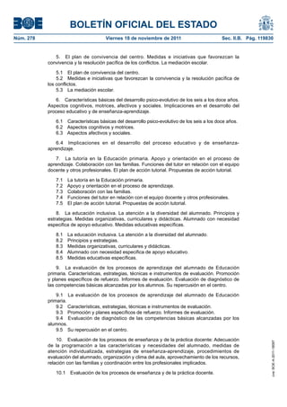 BOLETÍN OFICIAL DEL ESTADO
Núm. 278	

Viernes 18 de noviembre de 2011	

Sec. II.B. Pág. 119830

5.  El plan de convivencia del centro. Medidas e iniciativas que favorezcan la
convivencia y la resolución pacífica de los conflictos. La mediación escolar.
5.1  El plan de convivencia del centro.
5.2  Medidas e iniciativas que favorezcan la convivencia y la resolución pacífica de
los conflictos.
5.3  La mediación escolar.
6.  Características básicas del desarrollo psico-evolutivo de los seis a los doce años.
Aspectos cognitivos, motrices, afectivos y sociales. Implicaciones en el desarrollo del
proceso educativo y de enseñanza-aprendizaje.
6.1  Características básicas del desarrollo psico-evolutivo de los seis a los doce años.
6.2  Aspectos cognitivos y motrices.
6.3  Aspectos afectivos y sociales.
6.4  Implicaciones en el desarrollo del proceso educativo y de enseñanzaaprendizaje.
7.  La tutoría en la Educación primaria. Apoyo y orientación en el proceso de
aprendizaje. Colaboración con las familias. Funciones del tutor en relación con el equipo
docente y otros profesionales. El plan de acción tutorial. Propuestas de acción tutorial.
7.1 
7.2 
7.3 
7.4 
7.5 

La tutoría en la Educación primaria.
Apoyo y orientación en el proceso de aprendizaje.
Colaboración con las familias.
Funciones del tutor en relación con el equipo docente y otros profesionales.
El plan de acción tutorial. Propuestas de acción tutorial.

8.  La educación inclusiva. La atención a la diversidad del alumnado. Principios y
estrategias. Medidas organizativas, curriculares y didácticas. Alumnado con necesidad
especifica de apoyo educativo. Medidas educativas específicas.
8.1 
8.2 
8.3 
8.4 
8.5 

La educación inclusiva. La atención a la diversidad del alumnado.
Principios y estrategias.
Medidas organizativas, curriculares y didácticas.
Alumnado con necesidad especifica de apoyo educativo.
Medidas educativas específicas.

9.  La evaluación de los procesos de aprendizaje del alumnado de Educación
primaria. Características, estrategias, técnicas e instrumentos de evaluación. Promoción
y planes específicos de refuerzo. Informes de evaluación. Evaluación de diagnóstico de
las competencias básicas alcanzadas por los alumnos. Su repercusión en el centro.

10.  Evaluación de los procesos de enseñanza y de la práctica docente: Adecuación
de la programación a las características y necesidades del alumnado, medidas de
atención individualizada, estrategias de enseñanza-aprendizaje, procedimientos de
evaluación del alumnado, organización y clima del aula, aprovechamiento de los recursos,
relación con las familias y coordinación entre los profesionales implicados.
10.1  Evaluación de los procesos de enseñanza y de la práctica docente.

cve: BOE-A-2011-18097

9.1  La evaluación de los procesos de aprendizaje del alumnado de Educación
primaria.
9.2  Características, estrategias, técnicas e instrumentos de evaluación.
9.3  Promoción y planes específicos de refuerzo. Informes de evaluación.
9.4  Evaluación de diagnóstico de las competencias básicas alcanzadas por los
alumnos.
9.5  Su repercusión en el centro.

 
