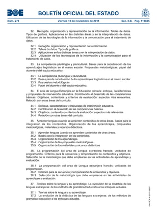 BOLETÍN OFICIAL DEL ESTADO
Núm. 278	

Viernes 18 de noviembre de 2011	

Sec. II.B. Pág. 119835

32.  Recogida, organización y representación de la información. Tablas de datos.
Tipos de gráficos. Aplicaciones en las distintas áreas y en la interpretación de datos.
Utilización de las tecnologías de la información y la comunicación para el tratamiento de
datos.
32.1  Recogida, organización y representación de la información.
32.2  Tablas de datos. Tipos de gráficos.
32.3  Aplicaciones en las distintas áreas y en la interpretación de datos.
32.4  Utilización de las tecnologías de la información y la comunicación para el
tratamiento de datos.
33.  La competencia plurilingüe y pluricultural. Bases para la coordinación de los
aprendizajes lingüísticos en el marco escolar. Propuestas metodológicas, papel del
docente y del equipo educativo.
33.1 
33.2 
33.3 
33.4 

La competencia plurilingüe y pluricultural.
Bases para la coordinación de los aprendizajes lingüísticos en el marco escolar.
Propuestas metodológicas.
Papel del docente y del equipo educativo.

34.  El área de Lengua Extranjera en la Educación primaria: enfoque, características
y propuestas de intervención educativa. Contribución al desarrollo de las competencias
básicas. Objetivos, contenidos y criterios de evaluación: aspectos más relevantes.
Relación con otras áreas del currículo.
34.1 
34.2 
34.3 
34.4 

Enfoque, características y propuestas de intervención educativa.
Contribución al desarrollo de las competencias básicas.
Objetivos, contenidos y criterios de evaluación: aspectos más relevantes.
Relación con otras áreas del currículo.

35.  Aprender lenguas cuando se aprenden contenidos de otras áreas. Bases para la
integración de los contenidos. Organización de los aprendizajes, propuestas
metodológicas, materiales y recursos didácticos.
35.1 
35.2 
35.3 
35.4 
35.5 

Aprender lenguas cuando se aprenden contenidos de otras áreas.
Bases para la integración de los contenidos.
Organización de los aprendizajes.
Organización de las propuestas metodológicas.
Organización de los materiales y recursos didácticos.

36.  La programación del área de Lengua extranjera francés: unidades de
programación. Criterios para la secuencia y temporización de contenidos y objetivos.
Selección de la metodología que debe emplearse en las actividades de aprendizaje y
evaluación.

37.  Teorías sobre la lengua y su aprendizaje. La evolución de la didáctica de las
lenguas extranjeras: de los métodos de gramática-traducción a los enfoques actuales.
37.1  Teorías sobre la lengua y su aprendizaje.
37.2  La evolución de la didáctica de las lenguas extranjeras: de los métodos de
gramática-traducción a los enfoques actuales.

cve: BOE-A-2011-18097

36.1  La programación del área de Lengua extranjera francés: unidades de
programación.
36.2  Criterios para la secuencia y temporización de contenidos y objetivos.
36.3  Selección de la metodología que debe emplearse en las actividades de
aprendizaje y evaluación.

 