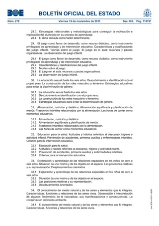 BOLETÍN OFICIAL DEL ESTADO
Núm. 278	

Viernes 18 de noviembre de 2011	

Sec. II.B. Pág. 119781

28.3  Estrategias relacionales y metodológicas para conseguir la motivación e
implicación del alumnado en su proceso de aprendizaje.
28.4  El clima del aula como factor determinante.
29.  El juego como factor de desarrollo, como recurso didáctico, como instrumento
privilegiado de aprendizaje y de intervención educativa. Características y clasificaciones
del juego infantil. Teorías sobre el juego. El juego en el aula: recursos y pautas
organizativas. La observación del juego infantil.
29.1  El juego como factor de desarrollo, como recurso didáctico, como instrumento
privilegiado de aprendizaje y de intervención educativa.
29.2  Características y clasificaciones del juego infantil.
29.3  Teorías sobre el juego.
29.4  El juego en el aula: recursos y pautas organizativas.
29.5  La observación del juego infantil.
30.  La educación sexual hasta los seis años. Descubrimiento e identificación con el
propio sexo. La construcción de los roles masculino y femenino. Estrategias educativas
para evitar la discriminación de género.
30.1 
30.2 
30.3 
30.4 

La educación sexual hasta los seis años.
Descubrimiento e identificación con el propio sexo.
La construcción de los roles masculino y femenino.
Estrategias educativas para evitar la discriminación de género.

31.  Alimentación, nutrición y dietética. Alimentación equilibrada y planificación de
menús. Trastornos infantiles relacionados con la alimentación. Las horas de comer como
momentos educativos.
31.1 
31.2 
31.3 
31.4 

Alimentación, nutrición y dietética.
Alimentación equilibrada y planificación de menús.
Trastornos infantiles relacionados con la alimentación.
Las horas de comer como momentos educativos.

32.  Educación para la salud. Actitudes y hábitos referidos al descanso, higiene y
actividad infantil. Prevención de accidentes, primeros auxilios y enfermedades infantiles.
Criterios para la intervención educativa.
32.1 
32.2 
32.3 
32.4 

Educación para la salud.
Actitudes y hábitos referidos al descanso, higiene y actividad infantil.
Prevención de accidentes, primeros auxilios y enfermedades infantiles.
Criterios para la intervención educativa.

33.  Exploración y aprendizaje de las relaciones espaciales en los niños de cero a
seis años. Situación de uno mismo y de los objetos en el espacio. Las posiciones relativas
y su representación. Desplazamientos orientados.

34.  El conocimiento del medio natural y de los seres y elementos que lo integran.
Características, funciones y relaciones de los seres vivos. Observación e interpretación
de algunos fenómenos de la naturaleza, sus manifestaciones y consecuencias. La
conservación del medio ambiente.
34.1  El conocimiento del medio natural y de los seres y elementos que lo integran.
Características, funciones y relaciones de los seres vivos.

cve: BOE-A-2011-18097

33.1  Exploración y aprendizaje de las relaciones espaciales en los niños de cero a
seis años.
33.2  Situación de uno mismo y de los objetos en el espacio.
33.3  Las posiciones relativas y su representación.
33.4  Desplazamientos orientados.

 