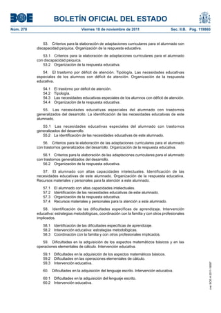 BOLETÍN OFICIAL DEL ESTADO
Núm. 278	

Viernes 18 de noviembre de 2011	

Sec. II.B. Pág. 119860

53.  Criterios para la elaboración de adaptaciones curriculares para el alumnado con
discapacidad psíquica. Organización de la respuesta educativa.
53.1  Criterios para la elaboración de adaptaciones curriculares para el alumnado
con discapacidad psíquica.
53.2  Organización de la respuesta educativa.
54.  El trastorno por déficit de atención. Tipología. Las necesidades educativas
especiales de los alumnos con déficit de atención. Organización de la respuesta
educativa.
54.1  El trastorno por déficit de atención.
54.2 Tipología.
54.3  Las necesidades educativas especiales de los alumnos con déficit de atención.
54.4  Organización de la respuesta educativa.
55.  Las necesidades educativas especiales del alumnado con trastornos
generalizados del desarrollo. La identificación de las necesidades educativas de este
alumnado.
55.1  Las necesidades educativas especiales del alumnado con trastornos
generalizados del desarrollo.
55.2  La identificación de las necesidades educativas de este alumnado.
56.  Criterios para la elaboración de las adaptaciones curriculares para el alumnado
con trastornos generalizados del desarrollo. Organización de la respuesta educativa.
56.1  Criterios para la elaboración de las adaptaciones curriculares para el alumnado
con trastornos generalizados del desarrollo.
56.2  Organización de la respuesta educativa.
57.  El alumnado con altas capacidades intelectuales. Identificación de las
necesidades educativas de este alumnado. Organización de la respuesta educativa.
Recursos materiales y personales para la atención a este alumnado.
57.1 
57.2 
57.3 
57.4 

El alumnado con altas capacidades intelectuales.
Identificación de las necesidades educativas de este alumnado.
Organización de la respuesta educativa.
Recursos materiales y personales para la atención a este alumnado.

58.  Identificación de las dificultades específicas de aprendizaje. Intervención
educativa: estrategias metodológicas, coordinación con la familia y con otros profesionales
implicados.
58.1  Identificación de las dificultades específicas de aprendizaje.
58.2  Intervención educativa: estrategias metodológicas.
58.3  Coordinación con la familia y con otros profesionales implicados.

59.1  Dificultades en la adquisición de los aspectos matemáticos básicos.
59.2  Dificultades en las operaciones elementales de cálculo.
59.3  Intervención educativa.
60.  Dificultades en la adquisición del lenguaje escrito. Intervención educativa.
60.1  Dificultades en la adquisición del lenguaje escrito.
60.2  Intervención educativa.

cve: BOE-A-2011-18097

59.  Dificultades en la adquisición de los aspectos matemáticos básicos y en las
operaciones elementales de cálculo. Intervención educativa.

 