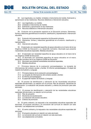 BOLETÍN OFICIAL DEL ESTADO
Núm. 278	

Viernes 18 de noviembre de 2011	

Sec. II.B. Pág. 119866

28.  Las magnitudes y su medida. Unidades e Instrumentos de medida. Estimación y
aproximación en las mediciones. Recursos didácticos e intervención educativa.
28.1 
28.2 
28.3 
28.4 

Las magnitudes y su medida.
Unidades e Instrumentos de medida.
Estimación y aproximación en las mediciones.
Recursos didácticos e intervención educativa.

29.  Evolución de la percepción espacial en la Educación primaria. Elementos,
formas y relaciones geométricas en el entorno: clasificación y representación. Intervención
educativa.
29.1  Evolución de la percepción espacial en la Educación primaria.
29.2  Elementos, formas y relaciones geométricas en el entorno: clasificación y
representación.
29.3  Intervención educativa.
30.  El alumnado con necesidad especifica de apoyo educativo en el marco de la Ley
Orgánica 2/2006 de Educación y su desarrollo normativo. Alumnado que presenta
necesidades educativas especiales. Medidas educativas.
30.1  El alumnado con necesidad especifica de apoyo educativo en el marco de la
Ley Orgánica 2/2006 de Educación.
30.2  El alumnado con necesidad especifica de apoyo educativo en el marco
desarrollo normativo de la Ley Orgánica 2/2006 de Educación.
30.3  Alumnado que presenta necesidades educativas especiales.
30.4  Medidas educativas.
31.  Principios básicos de la evaluación psicopedagógica. La recogida de
informaciones del contexto escolar y familiar. El Informe psicopedagógico. El papel del
maestro de Audición y Lenguaje.
31.1 
31.2 
31.3 
31.4 

Principios básicos de la evaluación psicopedagógica.
La recogida de informaciones del contexto escolar y familiar.
El Informe psicopedagógico.
El papel del maestro de Audición y Lenguaje.

32.  El proceso de identificación y valoración de las necesidades educativas
especiales del alumnado y su relación con el currículo. Plan de actuación. Decisiones de
escolarización. La evaluación del proceso educativo y criterios de promoción para este
alumnado.
32.1  El proceso de identificación y valoración de las necesidades educativas
especiales del alumnado y su relación con el currículo.
32.2  Plan de actuación.
32.3  Decisiones de escolarización.
32.4  La evaluación del proceso educativo.
32.5  Criterios de promoción.

33.1  El centro ordinario y la respuesta a las necesidades educativas especiales del
alumnado.
33.2  El proyecto educativo en relación con este alumnado.
33.3  La concreción del currículo en relación con este alumnado.
33.4  Las adaptaciones curriculares.

cve: BOE-A-2011-18097

33.  El centro ordinario y la respuesta a las necesidades educativas especiales del
alumnado. El proyecto educativo y la concreción del currículo en relación con este
alumnado. Las adaptaciones curriculares.

 