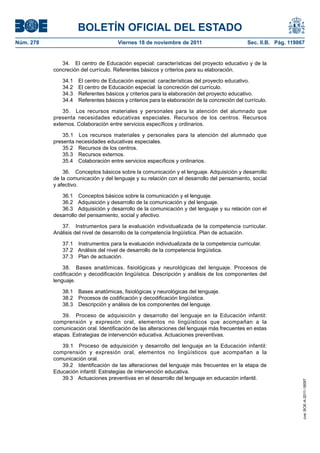 BOLETÍN OFICIAL DEL ESTADO
Núm. 278	

Viernes 18 de noviembre de 2011	

Sec. II.B. Pág. 119867

34.  El centro de Educación especial: características del proyecto educativo y de la
concreción del currículo. Referentes básicos y criterios para su elaboración.
34.1 
34.2 
34.3 
34.4 

El centro de Educación especial: características del proyecto educativo.
El centro de Educación especial: la concreción del currículo.
Referentes básicos y criterios para la elaboración del proyecto educativo.
Referentes básicos y criterios para la elaboración de la concreción del currículo.

35.  Los recursos materiales y personales para la atención del alumnado que
presenta necesidades educativas especiales. Recursos de los centros. Recursos
externos. Colaboración entre servicios específicos y ordinarios.
35.1  Los recursos materiales y personales para la atención del alumnado que
presenta necesidades educativas especiales.
35.2  Recursos de los centros.
35.3  Recursos externos.
35.4  Colaboración entre servicios específicos y ordinarios.
36.  Conceptos básicos sobre la comunicación y el lenguaje. Adquisición y desarrollo
de la comunicación y del lenguaje y su relación con el desarrollo del pensamiento, social
y afectivo.
36.1  Conceptos básicos sobre la comunicación y el lenguaje.
36.2  Adquisición y desarrollo de la comunicación y del lenguaje.
36.3  Adquisición y desarrollo de la comunicación y del lenguaje y su relación con el
desarrollo del pensamiento, social y afectivo.
37.  Instrumentos para la evaluación individualizada de la competencia curricular.
Análisis del nivel de desarrollo de la competencia lingüística. Plan de actuación.
37.1  Instrumentos para la evaluación individualizada de la competencia curricular.
37.2  Análisis del nivel de desarrollo de la competencia lingüística.
37.3  Plan de actuación.
38.  Bases anatómicas, fisiológicas y neurológicas del lenguaje. Procesos de
codificación y decodificación lingüística. Descripción y análisis de los componentes del
lenguaje.
38.1  Bases anatómicas, fisiológicas y neurológicas del lenguaje.
38.2  Procesos de codificación y decodificación lingüística.
38.3  Descripción y análisis de los componentes del lenguaje.

39.1  Proceso de adquisición y desarrollo del lenguaje en la Educación infantil:
comprensión y expresión oral, elementos no lingüísticos que acompañan a la
comunicación oral.
39.2  Identificación de las alteraciones del lenguaje más frecuentes en la etapa de
Educación infantil: Estrategias de intervención educativa.
39.3  Actuaciones preventivas en el desarrollo del lenguaje en educación infantil.

cve: BOE-A-2011-18097

39.  Proceso de adquisición y desarrollo del lenguaje en la Educación infantil:
comprensión y expresión oral, elementos no lingüísticos que acompañan a la
comunicación oral. Identificación de las alteraciones del lenguaje más frecuentes en estas
etapas. Estrategias de intervención educativa. Actuaciones preventivas.

 