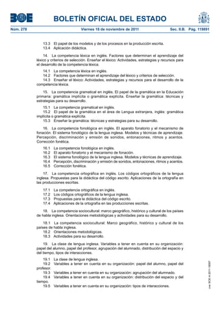 BOLETÍN OFICIAL DEL ESTADO
Núm. 278	 Viernes 18 de noviembre de 2011	 Sec. II.B. Pág. 119891
13.3  El papel de los modelos y de los procesos en la producción escrita.
13.4  Aplicación didáctica.
14.  La competencia léxica en inglés. Factores que determinan el aprendizaje del
léxico y criterios de selección. Enseñar el léxico: Actividades, estrategias y recursos para
el desarrollo de la competencia léxica.
14.1  La competencia léxica en inglés.
14.2  Factores que determinan el aprendizaje del léxico y criterios de selección.
14.3  Enseñar el léxico: Actividades, estrategias y recursos para el desarrollo de la
competencia léxica.
15.  La competencia gramatical en inglés. El papel de la gramática en la Educación
primaria: gramática implícita o gramática explícita. Enseñar la gramática: técnicas y
estrategias para su desarrollo.
15.1  La competencia gramatical en inglés.
15.2  El papel de la gramática en el área de Lengua extranjera, inglés: gramática
implícita o gramática explícita.
15.3  Enseñar la gramática: técnicas y estrategias para su desarrollo.
16.  La competencia fonológica en inglés. El aparato fonatorio y el mecanismo de
fonación. El sistema fonológico de la lengua inglesa. Modelos y técnicas de aprendizaje.
Percepción, discriminación y emisión de sonidos, entonaciones, ritmos y acentos.
Corrección fonética.
16.1  La competencia fonológica en inglés.
16.2  El aparato fonatorio y el mecanismo de fonación.
16.3  El sistema fonológico de la lengua inglesa. Modelos y técnicas de aprendizaje.
16.4  Percepción, discriminación y emisión de sonidos, entonaciones, ritmos y acentos.
16.5  Corrección fonética.
17.  La competencia ortográfica en inglés. Los códigos ortográficos de la lengua
inglesa. Propuestas para la didáctica del código escrito. Aplicaciones de la ortografía en
las producciones escritas.
17.1  La competencia ortográfica en inglés.
17.2  Los códigos ortográficos de la lengua inglesa.
17.3  Propuestas para la didáctica del código escrito.
17.4  Aplicaciones de la ortografía en las producciones escritas.
18.  La competencia sociocultural: marco geográfico, histórico y cultural de los países
de habla inglesa. Orientaciones metodológicas y actividades para su desarrollo.
18.1  La competencia sociocultural: Marco geográfico, histórico y cultural de los
países de habla inglesa.
18.2  Orientaciones metodológicas.
18.3  Actividades para su desarrollo.
19.  La clase de lengua inglesa. Variables a tener en cuenta en su organización:
papel del alumno, papel del profesor, agrupación del alumnado, distribución del espacio y
del tiempo, tipos de interacciones.
19.1  La clase de lengua inglesa.
19.2  Variables a tener en cuenta en su organización: papel del alumno, papel del
profesor.
19.3  Variables a tener en cuenta en su organización: agrupación del alumnado.
19.4  Variables a tener en cuenta en su organización: distribución del espacio y del
tiempo.
19.5  Variables a tener en cuenta en su organización: tipos de interacciones.
cve:BOE-A-2011-18097
 