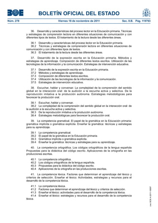 BOLETÍN OFICIAL DEL ESTADO
Núm. 278	 Viernes 18 de noviembre de 2011	 Sec. II.B. Pág. 119793
36.  Desarrollo y características del proceso lector en la Educación primaria. Técnicas
y estrategias de comprensión lectora en diferentes situaciones de comunicación y con
diferentes tipos de textos. El tratamiento de la lectura desde las diferentes áreas.
36.1  Desarrollo y características del proceso lector en la Educación primaria.
36.2  Técnicas y estrategias de comprensión lectora en diferentes situaciones de
comunicación y con diferentes tipos de textos.
36.3  El tratamiento de la lectura desde las diferentes áreas.
37.  Desarrollo de la expresión escrita en la Educación primaria. Métodos y
estrategias de aprendizaje. Composición de diferentes textos escritos. Utilización de las
tecnologías de la información y la comunicación. Estrategias de intervención educativa.
37.1  Desarrollo de la expresión escrita en la Educación primaria.
37.2  Métodos y estrategias de aprendizaje.
37.3  Composición de diferentes textos escritos.
37.4  Utilización de las tecnologías de la información y la comunicación.
37.5  Estrategias de intervención educativa.
38.  Escuchar, hablar y conversar. La complejidad de la comprensión del sentido
global en la interacción oral: de la audición a la escucha activa y selectiva. De la
reproducción imitativa a la producción autónoma. Estrategias metodológicas para
favorecer la producción oral.
38.1  Escuchar, hablar y conversar.
38.2  La complejidad de la comprensión del sentido global en la interacción oral: de
la audición a la escucha activa y selectiva.
38.3  De la reproducción imitativa a la producción autónoma.
38.4  Estrategias metodológicas para favorecer la producción oral.
39.  La competencia gramatical. El papel de la gramática en la Educación primaria:
gramática implícita o gramática explícita. Enseñar la gramática: técnicas y estrategias
para su aprendizaje.
39.1  La competencia gramatical.
39.2  El papel de la gramática en la Educación primaria.
39.3  Gramática implícita o gramática explícita.
39.4  Enseñar la gramática: técnicas y estrategias para su aprendizaje.
40.  La competencia ortográfica. Los códigos ortográficos de la lengua española
Propuestas para la didáctica del código escrito. Aplicaciones de la ortografía en las
producciones escritas.
40.1  La competencia ortográfica.
40.2  Los códigos ortográficos de la lengua española.
40.3  Propuestas para la didáctica del código escrito.
40.4  Aplicaciones de la ortografía en las producciones escritas.
41.  La competencia léxica. Factores que determinan el aprendizaje del léxico y
criterios de selección. Enseñar el léxico: Actividades, estrategias y recursos para el
desarrollo de la competencia léxica.
41.1  La competencia léxica.
41.2  Factores que determinan el aprendizaje del léxico y criterios de selección.
41.3  Enseñar el léxico: actividades para el desarrollo de la competencia léxica.
41.4  Enseñar el léxico: estrategias y recursos para el desarrollo de la competencia
léxica.
cve:BOE-A-2011-18097
 