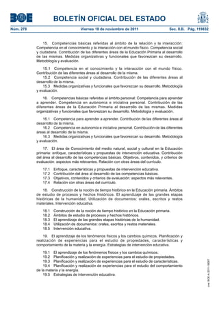 BOLETÍN OFICIAL DEL ESTADO
Núm. 278	 Viernes 18 de noviembre de 2011	 Sec. II.B. Pág. 119832
15.  Competencias básicas referidas al ámbito de la relación y la interacción:
Competencia en el conocimiento y la interacción con el mundo físico. Competencia social
y ciudadana. Contribución de las diferentes áreas de la Educación Primaria al desarrollo
de las mismas. Medidas organizativas y funcionales que favorezcan su desarrollo.
Metodología y evaluación.
15.1  Competencia en el conocimiento y la interacción con el mundo físico.
Contribución de las diferentes áreas al desarrollo de la misma.
15.2  Competencia social y ciudadana. Contribución de las diferentes áreas al
desarrollo de la misma.
15.3  Medidas organizativas y funcionales que favorezcan su desarrollo. Metodología
y evaluación.
16.  Competencias básicas referidas al ámbito personal: Competencia para aprender
a aprender. Competencia en autonomía e iniciativa personal. Contribución de las
diferentes áreas de la Educación Primaria al desarrollo de las mismas. Medidas
organizativas y funcionales que favorezcan su desarrollo. Metodología y evaluación.
16.1  Competencia para aprender a aprender. Contribución de las diferentes áreas al
desarrollo de la misma.
16.2  Competencia en autonomía e iniciativa personal. Contribución de las diferentes
áreas al desarrollo de la misma.
16.3  Medidas organizativas y funcionales que favorezcan su desarrollo. Metodología
y evaluación.
17.  El área de Conocimiento del medio natural, social y cultural en la Educación
primaria: enfoque, características y propuestas de intervención educativa. Contribución
del área al desarrollo de las competencias básicas. Objetivos, contenidos, y criterios de
evaluación: aspectos más relevantes. Relación con otras áreas del currículo.
17.1  Enfoque, características y propuestas de intervención educativa.
17.2  Contribución del área al desarrollo de las competencias básicas.
17.3  Objetivos, contenidos y criterios de evaluación: aspectos más relevantes.
17.4  Relación con otras áreas del currículo.
18.  Construcción de la noción de tiempo histórico en la Educación primaria. Ámbitos
de estudio de procesos y hechos históricos. El aprendizaje de las grandes etapas
históricas de la humanidad. Utilización de documentos: orales, escritos y restos
materiales. Intervención educativa.
18.1  Construcción de la noción de tiempo histórico en la Educación primaria.
18.2  Ámbitos de estudio de procesos y hechos históricos.
18.3  El aprendizaje de las grandes etapas históricas de la humanidad.
18.4  Utilización de documentos: orales, escritos y restos materiales.
18.5  Intervención educativa.
19.  El aprendizaje de los fenómenos físicos y los cambios químicos. Planificación y
realización de experiencias para el estudio de propiedades, características y
comportamiento de la materia y la energía. Estrategias de intervención educativa.
19.1  El aprendizaje de los fenómenos físicos y los cambios químicos.
19.2  Planificación y realización de experiencias para el estudio de propiedades.
19.3  Planificación y realización de experiencias para el estudio de características.
19.4  Planificación y realización de experiencias para el estudio del comportamiento
de la materia y la energía.
19.5  Estrategias de intervención educativa.
cve:BOE-A-2011-18097
 