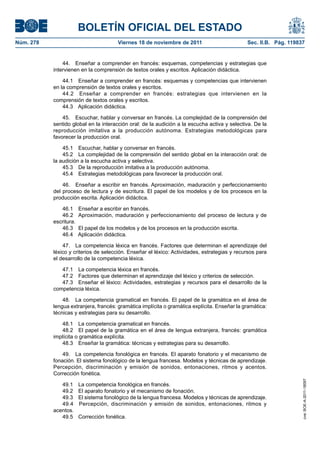 BOLETÍN OFICIAL DEL ESTADO
Núm. 278	 Viernes 18 de noviembre de 2011	 Sec. II.B. Pág. 119837
44.  Enseñar a comprender en francés: esquemas, competencias y estrategias que
intervienen en la comprensión de textos orales y escritos. Aplicación didáctica.
44.1  Enseñar a comprender en francés: esquemas y competencias que intervienen
en la comprensión de textos orales y escritos.
44.2  Enseñar a comprender en francés: estrategias que intervienen en la
comprensión de textos orales y escritos.
44.3  Aplicación didáctica.
45.  Escuchar, hablar y conversar en francés. La complejidad de la comprensión del
sentido global en la interacción oral: de la audición a la escucha activa y selectiva. De la
reproducción imitativa a la producción autónoma. Estrategias metodológicas para
favorecer la producción oral.
45.1  Escuchar, hablar y conversar en francés.
45.2  La complejidad de la comprensión del sentido global en la interacción oral: de
la audición a la escucha activa y selectiva.
45.3  De la reproducción imitativa a la producción autónoma.
45.4  Estrategias metodológicas para favorecer la producción oral.
46.  Enseñar a escribir en francés. Aproximación, maduración y perfeccionamiento
del proceso de lectura y de escritura. El papel de los modelos y de los procesos en la
producción escrita. Aplicación didáctica.
46.1  Enseñar a escribir en francés.
46.2  Aproximación, maduración y perfeccionamiento del proceso de lectura y de
escritura.
46.3  El papel de los modelos y de los procesos en la producción escrita.
46.4  Aplicación didáctica.
47.  La competencia léxica en francés. Factores que determinan el aprendizaje del
léxico y criterios de selección. Enseñar el léxico: Actividades, estrategias y recursos para
el desarrollo de la competencia léxica.
47.1  La competencia léxica en francés.
47.2  Factores que determinan el aprendizaje del léxico y criterios de selección.
47.3  Enseñar el léxico: Actividades, estrategias y recursos para el desarrollo de la
competencia léxica.
48.  La competencia gramatical en francés. El papel de la gramática en el área de
lengua extranjera, francés: gramática implícita o gramática explícita. Enseñar la gramática:
técnicas y estrategias para su desarrollo.
48.1  La competencia gramatical en francés.
48.2  El papel de la gramática en el área de lengua extranjera, francés: gramática
implícita o gramática explícita.
48.3  Enseñar la gramática: técnicas y estrategias para su desarrollo.
49.  La competencia fonológica en francés. El aparato fonatorio y el mecanismo de
fonación. El sistema fonológico de la lengua francesa. Modelos y técnicas de aprendizaje.
Percepción, discriminación y emisión de sonidos, entonaciones, ritmos y acentos.
Corrección fonética.
49.1  La competencia fonológica en francés.
49.2  El aparato fonatorio y el mecanismo de fonación.
49.3  El sistema fonológico de la lengua francesa. Modelos y técnicas de aprendizaje.
49.4  Percepción, discriminación y emisión de sonidos, entonaciones, ritmos y
acentos.
49.5  Corrección fonética.
cve:BOE-A-2011-18097
 