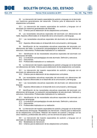 BOLETÍN OFICIAL DEL ESTADO
Núm. 278	 Viernes 18 de noviembre de 2011	 Sec. II.B. Pág. 119870
52.  La intervención del maestro especialista de audición y lenguaje con el alumnado
con trastornos generalizados del desarrollo. Criterios para la elaboración de las
adaptaciones curriculares.
52.1  La intervención del maestro especialista de audición y lenguaje con el
alumnado con trastornos generalizados del desarrollo.
52.2  Criterios para la elaboración de las adaptaciones curriculares.
53.  Las necesidades educativas especiales del alumnado con alteraciones del
habla. Aspectos diferenciales en el desarrollo de la comunicación y del lenguaje.
53.1  Las necesidades educativas especiales del alumnado con alteraciones del
habla.
53.2  Aspectos diferenciales en el desarrollo de la comunicación y del lenguaje.
54.  Identificación de las necesidades educativas especiales del alumnado con
alteraciones del habla. La evaluación psicopedagógica de este alumnado. Definición y
estructura. Instrumentos. Profesionales implicados en su realización.
54.1  Identificación de las necesidades educativas especiales del alumnado con
alteraciones del habla.
54.2  La evaluación psicopedagógica de este alumnado. Definición y estructura.
54.3 Instrumentos.
54.4  Profesionales implicados en su realización.
55.  La intervención del maestro especialista de audición y lenguaje con el alumnado
con alteraciones del habla. Criterios para la elaboración de las adaptaciones curriculares.
55.1  La intervención del maestro especialista de audición y lenguaje con el
alumnado con alteraciones del habla.
55.2  Criterios para la elaboración de las adaptaciones curriculares.
56.  Las necesidades educativas especiales del alumnado con alteraciones del
lenguaje. Aspectos diferenciales en el desarrollo de la comunicación y del lenguaje.
56.1  Las necesidades educativas especiales del alumnado con alteraciones del
lenguaje.
56.2  Aspectos diferenciales en el desarrollo de la comunicación y del lenguaje.
57.  Identificación de las necesidades educativas especiales del alumnado con
alteraciones del lenguaje. La evaluación psicopedagógica de este alumnado. Definición y
estructura. Instrumentos. Profesionales implicados en su realización.
57.1  Identificación de las necesidades educativas especiales del alumnado con
alteraciones del lenguaje.
57.2  La evaluación psicopedagógica de este alumnado. Definición y estructura.
57.3 Instrumentos.
57.4  Profesionales implicados en su realización.
58.  La intervención del maestro especialista de audición y lenguaje con el alumnado
con alteraciones del lenguaje. Modalidades de intervención. Criterios para la elaboración
de las adaptaciones curriculares. Relación del maestro de audición y lenguaje con los
otros maestros y profesionales del centro y con los servicios de apoyo externos.
58.1  La intervención del maestro especialista de audición y lenguaje con el
alumnado con alteraciones del lenguaje.
58.2  Modalidades de intervención.
58.3  Criterios para la elaboración de las adaptaciones curriculares.
cve:BOE-A-2011-18097
 