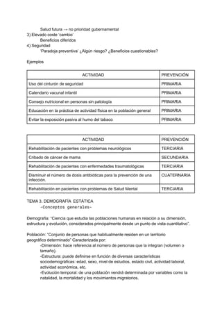 Salud futura → no prioridad gubernamental
3) Elevado coste ‘cambio’
Beneficios diferidos
4) Seguridad
‘Paradoja preventiva’ ¿Algún riesgo? ¿Beneficios cuestionables?
Ejemplos
ACTIVIDAD PREVENCIÓN
Uso del cinturón de seguridad PRIMARIA
Calendario vacunal infantil PRIMARIA
Consejo nutricional en personas sin patología PRIMARIA
Educación en la práctica de actividad física en la población general PRIMARIA
Evitar la exposición pasiva al humo del tabaco PRIMARIA
ACTIVIDAD PREVENCIÓN
Rehabilitación de pacientes con problemas neurológicos TERCIARIA
Cribado de cáncer de mama SECUNDARIA
Rehabilitación de pacientes con enfermedades traumatológicas TERCIARIA
Disminuir el número de dosis antibióticas para la prevención de una
infección.
CUATERNARIA
Rehabilitación en pacientes con problemas de Salud Mental TERCIARIA
TEMA 3. DEMOGRAFÍA ESTÁTICA
-Conceptos generales-
Demografía: “Ciencia que estudia las poblaciones humanas en relación a su dimensión,
estructura y evolución, considerados principalmente desde un punto de vista cuantitativo”.
Población: “Conjunto de personas que habitualmente residen en un territorio
geográfico determinado” Caracterizada por:
-Dimensión: hace referencia al número de personas que la integran (volumen o
tamaño).
-Estructura: puede definirse en función de diversas características
sociodemográficas: edad, sexo, nivel de estudios, estado civil, actividad laboral,
actividad económica, etc.
-Evolución temporal: de una población vendrá determinada por variables como la
natalidad, la mortalidad y los movimientos migratorios.
 