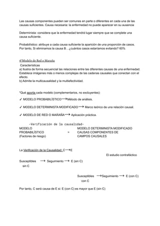 Las causas componentes pueden ser comunes en parte o diferentes en cada una de las
causas suficientes. Causa necesaria: la enfermedad no puede aparecer en su ausencia
Determinista: considera que la enfermedad tendrá lugar siempre que se complete una
causa suficiente.
Probabilístico: atribuye a cada causa suficiente la aparición de una proporción de casos.
Por tanto, Si eliminamos la causa B…¿cuántos casos estaríamos evitando? 60%
4ºModelo de Red o Maraña
Características
a) Ilustra de forma secuencial las relaciones entre las diferentes causas de una enfermedad.
Establece imágenes más o menos complejas de las cadenas causales que conectan con el
efecto.
b) Admite la multicausalidad y la multiefectividad.
*Qué aporta cada modelo (complementarios, no excluyentes):
✓ MODELO PROBABILÍSTICO→Método de análisis.
✓ MODELO DETERMINISTA MODIFICADO→Marco teórico de una relación causal.
✓ MODELO DE RED O MARAÑA→Aplicación práctica.
-Verificación de la causalidad-
MODELO MODELO DETERMINISTA MODIFICADO
PROBABILÍSTICO = CAUSAS COMPONENTES DE
(Factores de riesgo) CAMPOS CAUSALES
La Verificación de la Causalidad: C→E
El estudio contrafáctico
Susceptibles → Seguimiento → E (sin C)
sin C
Susceptibles →Seguimiento → E (con C)
con C
Por tanto, C será causa de E si: E (con C) es mayor que E (sin C)
 