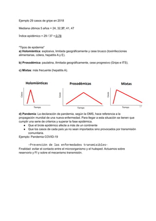 Ejemplo 29 casos de gripe en 2018
Mediana últimos 5 años = 24, 32,37, 41, 47
Índice epidémico = 29 / 37 = 0,78
*Tipos de epidemia*
a) Holomiántica: explosiva, limitada geográficamente y cese brusco (toxiinfecciones
alimentarias, cólera, hepatitis A y E).
b) Prosodémica: paulatina, ilimitada geográficamente, cese progresivo (Gripe e ITS).
c) Mixtas: más frecuente (hepatitis A).
d) Pandemia: La declaración de pandemia, según la OMS, hace referencia a la
propagación mundial de una nueva enfermedad. Para llegar a esta situación se tienen que
cumplir una serie de criterios y superar la fase epidémica.
● Que el brote epidémico afecte a más de un continente
● Que los casos de cada país ya no sean importados sino provocados por transmisión
comunitaria.
Ejemplo: Pandemia COVID-19
-Prevención de las enfermedades transmisibles-
Finalidad: evitar el contacto entre el microorganismo y el huésped. Actuamos sobre
reservorio y FI y sobre el mecanismo transmisión.
 