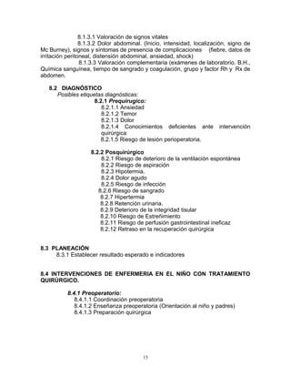 8.1.3.1 Valoración de signos vitales
8.1.3.2 Dolor abdominal. (Inicio, intensidad, localización, signo de
Mc Burney), signos y síntomas de presencia de complicaciones (fiebre, datos de
irritación peritoneal, distensión abdominal, ansiedad, shock)
8.1.3.3 Valoración complementaria (exámenes de laboratorio. B.H.,
Química sanguínea, tiempo de sangrado y coagulación, grupo y factor Rh y Rx de
abdomen.
8.2 DIAGNÓSTICO
Posibles etiquetas diagnósticas:
8.2.1 Prequirugico:
8.2.1.1 Ansiedad
8.2.1.2 Temor
8.2.1.3 Dolor
8.2.1.4 Conocimientos deficientes ante intervención
quirúrgica
8.2.1.5 Riesgo de lesión perioperatoria.
8.2.2 Posquirúrgico
8.2.1 Riesgo de deterioro de la ventilación espontánea
8.2.2 Riesgo de aspiración
8.2.3 Hipotermia.
8.2.4 Dolor agudo
8.2.5 Riesgo de infección
8.2.6 Riesgo de sangrado
8.2.7 Hipertermia
8.2.8 Retención urinaria.
8.2.9 Deterioro de la integridad tisular
8.2.10 Riesgo de Estreñimiento
8.2.11 Riesgo de perfusión gastrointestinal ineficaz
8.2.12 Retraso en la recuperación quirúrgica
8.3 PLANEACIÓN
8.3.1 Establecer resultado esperado e indicadores
8.4 INTERVENCIONES DE ENFERMERIA EN EL NIÑO CON TRATAMIENTO
QUIRÚRGICO.
8.4.1 Preoperatorio:
8.4.1.1 Coordinación preoperatoria
8.4.1.2 Enseñanza preoperatoria (Orientación al niño y padres)
8.4.1.3 Preparación quirúrgica
15
 
