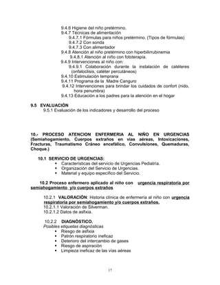 9.4.6 Higiene del niño pretérmino.
9.4.7 Técnicas de alimentación
9.4.7.1 Fórmulas para niños pretérmino. (Tipos de fórmulas)
9.4.7.2 Con sonda
9.4.7.3 Con alimentador
9.4.8 Atención al niño pretérmino con hiperbilirrubinemia
9.4.8.1 Atención al niño con fototerapia.
9.4.9 Intervenciones al niño con:
9.4.9.1 Colaboración durante la instalación de catéteres
(onfaloclisis, catéter percutáneos)
9.4.10 Estimulación temprana
9.4.11 Programa de la Madre Canguro
9.4.12 Intervenciones para brindar los cuidados de confort (nido,
hora penumbra)
9.4.13 Educación a los padres para la atención en el hogar
9.5 EVALUACIÓN
9.5.1 Evaluación de los indicadores y desarrollo del proceso
10.- PROCESO ATENCION ENFERMERIA AL NIÑO EN URGENCIAS
(Semiahogamiento, Cuerpos extraños en vías aéreas, Intoxicaciones,
Fracturas, Traumatismo Cráneo encefálico, Convulsiones, Quemaduras,
Choque.)
10.1 SERVICIO DE URGENCIAS:
 Características del servicio de Urgencias Pediatría.
 Organización del Servicio de Urgencias.
 Material y equipo específico del Servicio.
10.2 Proceso enfermero aplicado al niño con urgencia respiratoria por
semiahogamiento y/o cuerpos extraños
10.2.1 VALORACIÓN: Historia clínica de enfermería al niño con urgencia
respiratoria por semiahogamiento y/o cuerpos extraños.
10.2.1.1 Valoración de Silverman.
10.2.1.2 Datos de asfixia.
10.2.2 DIAGNÓSTICO.
Posibles etiquetas diagnósticas
 Riesgo de asfixia
 Patrón respiratorio ineficaz
 Deterioro del intercambio de gases
 Riesgo de aspiración
 Limpieza ineficaz de las vías aéreas
17
 