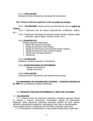 10.7.5 EVALUACION.
Evaluación de los indicadores y del desarrollo del proceso.
10.8 Proceso enfermero aplicado al niño en estado de choque.
10.8.1 VALORACIÓN: Historia clínica de enfermería al niño en estado de
choque
10.8.1.1 Valoración tipo de choque (hipovolemico, anafiláctico, séptico,
etc.)
10.8.1.2 Valoración del estado de perfusión (pulsos distales, llenado capilar
coloración, signos vitales, volumen urinario, etc.)
.
10.8.2 DIAGNÓSTICO.
Posibles etiquetas diagnósticas
 Déficit del volumen de líquidos
 Riesgo de perfusión renal ineficaz
 Riesgo de disminución de la perfusión tisular cardiaca
 Riesgo de perfusión tisular cerebral ineficaz
 Disminución del gasto cardíaco
 Hipotermia
10.8.3 PLANEACIÓN
Establecer resultado esperado e indicadores.
10.8.4 INTERVENCIONES DE ENFERMERÍA
^ Manejo de inotrópicos
Manejo del schock
10.8.5 EVALUACION.
Evaluación de los indicadores y del desarrollo del proceso.
10.9 MANIOBRAS DE REANIMACIÓN CEREBRO – CARDIOPULMONAR EN
EL NIÑO (en sus diferentes edades pediátricas)
11.- PROCESO ATENCION ENFERMERIA AL NIÑO CON LEUCEMIA.
11.1 VALORACIÓN
11.1.1 Historia clínica de enfermería enfocada a identificar aspectos clínicos
en relación a anemia, infecciones, hemorragias, palidez de tegumentos,
petequias, fiebre afecciones sistémicas (anorexia, pérdida de peso, astenia,
adinamia y decaimiento progresivo), adenopatías, dolor óseo y visceromegalia.
Comunicación efectiva y respetuosa con el familiar y paciente; trato digno.
11.1.2 Participación e interpretación en las pruebas de laboratorio y gabinete:
22
 