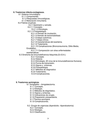 8. Trastornos infecto-contagiosos.
8.1 Sistema inmunológico
8.1.1 Componentes.
8.1.2 Respuestas inmunológicas.
8.1.3 Maduración inmunitaria.
8.2 Fiebres eruptivas.
8.2.1 Sarampión y varicela.
8.2.1.1 Concepto.
10.2.1.2 Etimología.
8.2.1.3 Fisiopatología.
8.2.1.4 Periodo de incubación.
8.2.1.5 Periodo de transmisibilidad.
8.2.1.6 Etapa subclínica.
8.2.1.7 Etapa clínica.
8.2.1.8 Características del exantema.
8.2.1.9 Tratamiento.
8.2.1.10 Complicaciones (Bronconeumonía, Otitis Media,
Encefalitis).
8.2.1.11 Comparación con otras enfermedades
exantemáticas
8.3 Síndrome de Inmunodeficiencia Adquirida.(S.I.D.A.)
8.3.1 Concepto
8.3.2 Historia
8.3.3 Etimología. (El virus de la Inmunodeficiencia Humana).
8.3.4 Forma de transmisión.
8.3.5 Signos y síntomas.
8.3.6 Fisiopatología.
8.3.7 Métodos de diagnostico
8.3.8 Tratamiento.
8.3.9 Complicaciones.
9. Trastornos quirúrgicos.
9.1 Amigdalitis – Amigdalectomía.
9.1.1 Concepto.
9.1.2 Etiología.
9.1.3 Métodos de diagnóstico.
9.1.4 Signos y síntomas.
9.1.5 Indicaciones de cirugía.
9.1.6 Preparación preoperatoria.
9.1.7Técnica quirúrgica.
9.1.8 Complicaciones.
9.2 Cirugía de urgencias (Apendicitis –Apendicetomía)
9.2.1 Concepto.
9.2.2 Etiología.
9.2.3 Clasificación.
28
 
