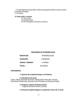 7.3 Interrelaciones personales, enfermera-paciente-familia y entorno social
7.4 Duelo anticipado
7.5 Terapias.
8. Duelo dolor y muerte.
8.1 En el niño.
8.2 Adolescentes.
8.3 En los padres, hermanos y entorno.
PROGRAMA DE EPIDEMIOLOGÍA
DISCIPLINA: EPIDEMIOLOGÍA
DURACIÓN: 9 SEMANAS
HORAS / SEMANA: 4 HORAS
TOTAL: 36 HORAS
CONTENIDOS
1. Aportes De la Epidemiología a la Pediatría.
2. Indicadores de salud.
Tasas: Infantil, Neonatal, Perinatal, Hebdomedal, Preescolar, Escolar.
Crecimiento Poblacional. Estructura de la Pirámide por Grupos de Edad.
3. Programa vigente del Sector Salud.
Programa de Salud Infantil y Escolar.
4. Panorama epidemiológico en población menor de 14 años.
32
 