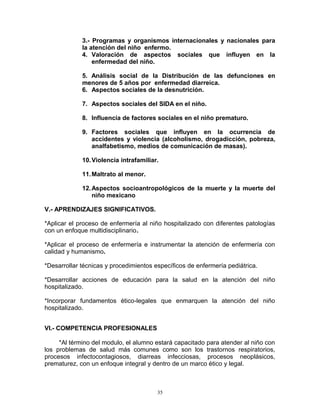 3.- Programas y organismos internacionales y nacionales para
la atención del niño enfermo.
4. Valoración de aspectos sociales que influyen en la
enfermedad del niño.
5. Análisis social de la Distribución de las defunciones en
menores de 5 años por enfermedad diarreica.
6. Aspectos sociales de la desnutrición.
7. Aspectos sociales del SIDA en el niño.
8. Influencia de factores sociales en el niño prematuro.
9. Factores sociales que influyen en la ocurrencia de
accidentes y violencia (alcoholismo, drogadicción, pobreza,
analfabetismo, medios de comunicación de masas).
10.Violencia intrafamiliar.
11.Maltrato al menor.
12.Aspectos socioantropológicos de la muerte y la muerte del
niño mexicano
V.- APRENDIZAJES SIGNIFICATIVOS.
*Aplicar el proceso de enfermería al niño hospitalizado con diferentes patologías
con un enfoque multidisciplinario.
*Aplicar el proceso de enfermería e instrumentar la atención de enfermería con
calidad y humanismo.
*Desarrollar técnicas y procedimientos específicos de enfermería pediátrica.
*Desarrollar acciones de educación para la salud en la atención del niño
hospitalizado.
*Incorporar fundamentos ético-legales que enmarquen la atención del niño
hospitalizado.
VI.- COMPETENCIA PROFESIONALES
*Al término del modulo, el alumno estará capacitado para atender al niño con
los problemas de salud más comunes como son los trastornos respiratorios,
procesos infectocontagiosos, diarreas infecciosas, procesos neoplásicos,
prematurez, con un enfoque integral y dentro de un marco ético y legal.
35
 