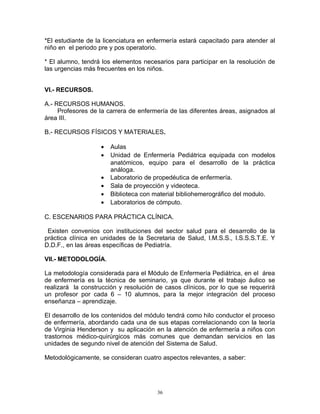 *El estudiante de la licenciatura en enfermería estará capacitado para atender al
niño en el periodo pre y pos operatorio.
* El alumno, tendrá los elementos necesarios para participar en la resolución de
las urgencias más frecuentes en los niños.
VI.- RECURSOS.
A.- RECURSOS HUMANOS.
Profesores de la carrera de enfermería de las diferentes áreas, asignados al
área III.
B.- RECURSOS FÍSICOS Y MATERIALES.
• Aulas
• Unidad de Enfermería Pediátrica equipada con modelos
anatómicos, equipo para el desarrollo de la práctica
análoga.
• Laboratorio de propedéutica de enfermería.
• Sala de proyección y videoteca.
• Biblioteca con material bibliohemerográfico del modulo.
• Laboratorios de cómputo.
C. ESCENARIOS PARA PRÁCTICA CLÍNICA.
Existen convenios con instituciones del sector salud para el desarrollo de la
práctica clínica en unidades de la Secretaria de Salud, I.M.S.S., I.S.S.S.T.E. Y
D.D.F., en las áreas específicas de Pediatría.
VII.- METODOLOGÍA.
La metodología considerada para el Módulo de Enfermería Pediátrica, en el área
de enfermería es la técnica de seminario, ya que durante el trabajo áulico se
realizará la construcción y resolución de casos clínicos, por lo que se requerirá
un profesor por cada 6 – 10 alumnos, para la mejor integración del proceso
enseñanza – aprendizaje.
El desarrollo de los contenidos del módulo tendrá como hilo conductor el proceso
de enfermería, abordando cada una de sus etapas correlacionando con la teoría
de Virginia Henderson y su aplicación en la atención de enfermería a niños con
trastornos médico-quirúrgicos más comunes que demandan servicios en las
unidades de segundo nivel de atención del Sistema de Salud.
Metodológicamente, se consideran cuatro aspectos relevantes, a saber:
36
 