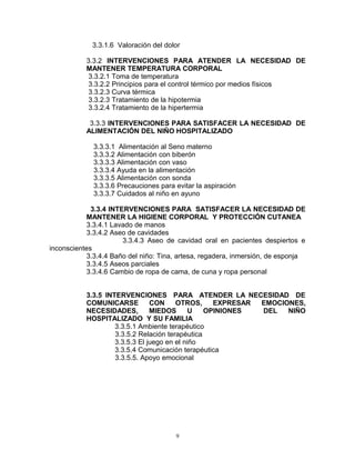 3.3.1.6 Valoración del dolor
3.3.2 INTERVENCIONES PARA ATENDER LA NECESIDAD DE
MANTENER TEMPERATURA CORPORAL
3.3.2.1 Toma de temperatura
3.3.2.2 Principios para el control térmico por medios físicos
3.3.2.3 Curva térmica
3.3.2.3 Tratamiento de la hipotermia
3.3.2.4 Tratamiento de la hipertermia
3.3.3 INTERVENCIONES PARA SATISFACER LA NECESIDAD DE
ALIMENTACIÓN DEL NIÑO HOSPITALIZADO
3.3.3.1 Alimentación al Seno materno
3.3.3.2 Alimentación con biberón
3.3.3.3 Alimentación con vaso
3.3.3.4 Ayuda en la alimentación
3.3.3.5 Alimentación con sonda
3.3.3.6 Precauciones para evitar la aspiración
3.3.3.7 Cuidados al niño en ayuno
3.3.4 INTERVENCIONES PARA SATISFACER LA NECESIDAD DE
MANTENER LA HIGIENE CORPORAL Y PROTECCIÓN CUTANEA
3.3.4.1 Lavado de manos
3.3.4.2 Aseo de cavidades
3.3.4.3 Aseo de cavidad oral en pacientes despiertos e
inconscientes
3.3.4.4 Baño del niño: Tina, artesa, regadera, inmersión, de esponja
3.3.4.5 Aseos parciales
3.3.4.6 Cambio de ropa de cama, de cuna y ropa personal
3.3.5 INTERVENCIONES PARA ATENDER LA NECESIDAD DE
COMUNICARSE CON OTROS, EXPRESAR EMOCIONES,
NECESIDADES, MIEDOS U OPINIONES DEL NIÑO
HOSPITALIZADO Y SU FAMILIA
3.3.5.1 Ambiente terapéutico
3.3.5.2 Relación terapéutica
3.3.5.3 El juego en el niño
3.3.5.4 Comunicación terapéutica
3.3.5.5. Apoyo emocional
9
 