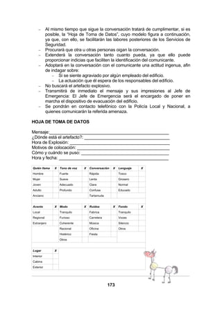 −

−
−
−

−
−

−

Al mismo tiempo que sigue la conversación tratará de cumplimentar, si es
posible, la “Hoja de Toma de Datos”, cuyo modelo figura a continuación,
ya que, con ello, se facilitarán las labores posteriores de los Servicios de
Seguridad.
Procurará que otra u otras personas oigan la conversación.
Extenderá la conversación tanto cuanto pueda, ya que ello puede
proporcionar indicias que faciliten la identificación del comunicante.
Adoptará en la conversación con el comunicante una actitud ingenua, afin
de indagar sobre:
− Si se siente agraviado por algún empleado del edificio.
− La actuación que él espera de los responsables del edificio.
No buscará el artefacto explosivo.
Transmitirá de inmediato el mensaje y sus impresiones al Jefe de
Emergencia: El Jefe de Emergencia será el encargado de poner en
marcha el dispositivo de evacuación del edificio.
Se pondrán en contacto telefónico con la Policía Local y Nacional, a
quienes comunicarán la referida amenaza.

HOJA DE TOMA DE DATOS
Mensaje:_________________________________________________
¿Dónde está el artefacto?: ___________________________________
Hora de Explosión: _________________________________________
Motivos de colocación: ______________________________________
Cómo y cuándo se puso: ____________________________________
Hora y fecha: _____________________________________________
Quién llama

X

Tono de voz

X

Conversación

X

Lenguaje

Hombre

Fuerte

Rápida

Tosco

Mujer

Suave

Lenta

Grosero

Joven

Adecuado

Clara

Normal

Adulto

Profundo

Confusa

X

Educado

Anciano

Acento

Tartamuda

X

Modo

X

Ruidos

X

Fondo

Local

Tranquilo

Fabrica

Tranquilo

Regional

Furioso

Carretera

Voces

Extranjero

Coherente

Música

Silencio

Racional

Oficina

Otros

Histérico

Fiesta

Otros

Lugar

X

Interior
Cabina
Exterior

173

X

 