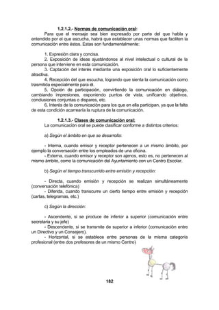 1.2.1.2.- Normas de comunicación oral:
Para que el mensaje sea bien expresado por parte del que habla y
entendido por el que escucha, habrá que establecer unas normas que faciliten la
comunicación entre éstos. Estas son fundamentalmente:
1. Expresión clara y concisa.
2. Exposición de ideas ajustándonos al nivel intelectual o cultural de la
persona que interviene en esta comunicación.
3. Captación del interés mediante una exposición oral lo suficientemente
atractiva.
4. Recepción del que escucha, logrando que sienta la comunicación como
trasmitida especialmente para él.
5. Opción de participación, convirtiendo la comunicación en diálogo,
cambiando impresiones, exponiendo puntos de vista, unificando objetivos,
conclusiones conjuntas o dispares, etc.
6. Interés de la comunicación para los que en ella participan, ya que la falta
de esta condición acarrearía la ruptura de la comunicación.
1.2.1.3.- Clases de comunicación oral:
La comunicación oral se puede clasificar conforme a distintos criterios:
a) Según el ámbito en que se desarrolla:
- Interna, cuando emisor y receptor pertenecen a un mismo ámbito, por
ejemplo la conversación entre los empleados de una oficina.
- Externa, cuando emisor y receptor son ajenos, esto es, no pertenecen al
mismo ámbito, como la comunicación del Ayuntamiento con un Centro Escolar.
b) Según el tiempo transcurrido entre emisión y recepción:
- Directa, cuando emisión y recepción se realizan simultáneamente
(conversación telefónica)
- Diferida, cuando transcurre un cierto tiempo entre emisión y recepción
(cartas, telegramas, etc.)
c) Según la dirección:
- Ascendente, si se produce de inferior a superior (comunicación entre
secretaria y su jefe)
- Descendente, si se transmite de superior a inferior (comunicación entre
un Directivo y un Consejero).
- Horizontal, si se establece entre personas de la misma categoría
profesional (entre dos profesores de un mismo Centro)

182

 