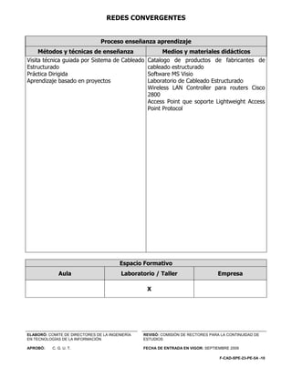 REDES CONVERGENTES


                                Proceso enseñanza aprendizaje
     Métodos y técnicas de enseñanza                    Medios y materiales didácticos
Visita técnica guiada por Sistema de Cableado     Catalogo de productos de fabricantes de
Estructurado                                      cableado estructurado
Práctica Dirigida                                 Software MS Visio
Aprendizaje basado en proyectos                   Laboratorio de Cableado Estructurado
                                                  Wireless LAN Controller para routers Cisco
                                                  2800
                                                  Access Point que soporte Lightweight Access
                                                  Point Protocol




                                        Espacio Formativo
              Aula                       Laboratorio / Taller                    Empresa

                                                  X




ELABORÓ: COMITE DE DIRECTORES DE LA INGENIERÍA   REVISÓ: COMISIÓN DE RECTORES PARA LA CONTINUIDAD DE
EN TECNOLOGÍAS DE LA INFORMACIÓN                 ESTUDIOS

APROBÓ:    C. G. U. T.                           FECHA DE ENTRADA EN VIGOR: SEPTIEMBRE 2009

                                                                                  F-CAD-SPE-23-PE-5A -10
 