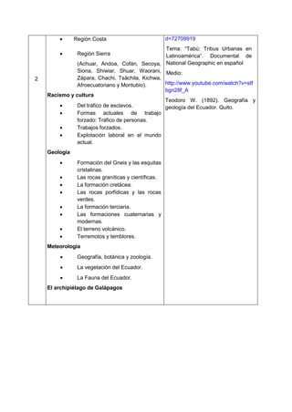 2
 Región Costa
 Región Sierra
(Achuar, Andoa, Cofán, Secoya,
Siona, Shiwiar, Shuar, Waorani,
Zápara, Chachi, Tsáchila, Kichwa,
Afroecuatoriano y Montubio).
Racismo y cultura
 Del tráfico de esclavos.
 Formas actuales de trabajo
forzado: Tráfico de personas.
 Trabajos forzados.
 Explotación laboral en el mundo
actual.
Geología
 Formación del Gneis y las esquitas
cristalinas.
 Las rocas graníticas y científicas.
 La formación cretácea.
 Las rocas porfídicas y las rocas
verdes.
 La formación terciaria.
 Las formaciones cuaternarias y
modernas.
 El terreno volcánico.
 Terremotos y temblores.
Meteorología
 Geografía, botánica y zoología.
 La vegetación del Ecuador.
 La Fauna del Ecuador.
El archipiélago de Galápagos
d=72709919
Tema: “Tabú: Tribus Urbanas en
Latinoamérica”. Documental de
National Geographic en español
Medio:
http://www.youtube.com/watch?v=stf
bgn28f_A
Teodoro W. (1892). Geografía y
geología del Ecuador. Quito.
 