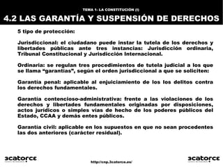 http://cnp.3catorce.es/
5 tipo de protección:
Jurisdiccional: el ciudadano puede instar la tutela de los derechos y
libertades públicas ante tres instancias: Jurisdicción ordinaria,
Tribunal Constitucional y Jurisdicción Internacional.
Ordinaria: se regulan tres procedimientos de tutela judicial a los que
se llama “garantías”, según el orden jurisdiccional a que se soliciten:
Garantía penal: aplicable al enjuiciamiento de los los delitos contra
los derechos fundamentales.
Garantía contencioso-administrativa: frente a las violaciones de los
derechos y libertades fundamentales originadas por disposiciones,
actos jurídicos o simples vías de hecho de los poderes públicos del
Estado, CCAA y demás entes públicos.
Garantía civil: aplicable en los supuestos en que no sean procedentes
las dos anteriores (carácter residual).
TEMA 1- LA CONSTITUCIÓN (I)
4.2 LAS GARANTÍA Y SUSPENSIÓN DE DERECHOS
 