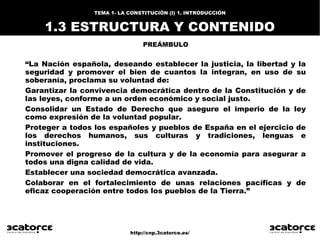 http://cnp.3catorce.es/
TEMA 1- LA CONSTITUCIÓN (I) 1. INTRODUCCIÓN
1.3 ESTRUCTURA Y CONTENIDO
PREÁMBULO
“La Nación españo...