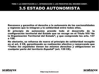 http://cnp.3catorce.es/
TEMA 1- LA CONSTITUCIÓN (I) 1. INTRODUCCIÓN
1.1 CARACTERÍSTICAS
Reconoce y garantiza el derecho a ...