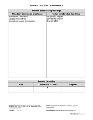 ADMINISTRACIÓN DE USUARIOS

                               Proceso enseñanza aprendizaje
    Métodos y técnicas de enseñanza                    Medios y materiales didácticos
Prácticas de Laboratorio                         Equipo de Cómputo
Equipos colaborativos                            Servidor OpenLDAP
Aprendizaje basado en proyectos                  Browser LDAP




                                       Espacio Formativo
             Aula                       Laboratorio / Taller                    Empresa
                                                 X




ELABORÓ: COMITÉ DE DIRECTORES DE LA LICENCIA
                                               REVISÓ: COMISIÓN DE RECTORES PARA LA LICENCIA
PROFESIONAL EN DESARROLLO DE SOFTWARE PARA
                                               PROFESIONAL
APLICACIONES WEB

APROBÓ:   C. G. U. T.                          FECHA DE ENTRADA EN VIGOR: SEPTIEMBRE 2010

                                                                                 F-CAD-SPE-23-PE-5A -10
 