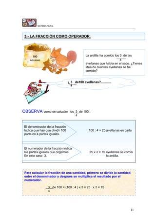 11
MATEMÁTICAS.
OBSERVA como se calculan los 3 de 100 :
4
3.- LA FRACCIÓN COMO OPERADOR.
La ardilla ha comido los 3 de las
4
avellanas que había en el saco. ¿Tienes
idea de cuántas avellanas se ha
comido?
¿ 3 de100 avellanas?............
4
El denominador de la fracción
Indica que hay que dividir 100 100 : 4 = 25 avellanas en cada
parte en 4 partes iguales.
El numerador de la fracción indica
las partes iguales que cogemos. 25 x 3 = 75 avellanas se comió
En este caso 3. la ardilla.
Para calcular la fracción de una cantidad, primero se divide la cantidad
entre el denominador y después se multiplica el resultado por el
numerador.
3 de 100 = (100 : 4 ) x 3 = 25 x 3 = 75
4
 