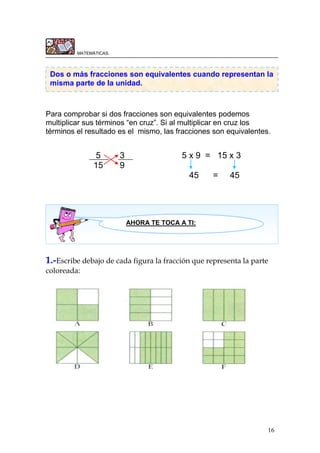 16
MATEMÁTICAS.
Para comprobar si dos fracciones son equivalentes podemos
multiplicar sus términos “en cruz”. Si al multiplicar en cruz los
términos el resultado es el mismo, las fracciones son equivalentes.
5 3 5 x 9 = 15 x 3
15 9
45 = 45
1.-Escribe debajo de cada figura la fracción que representa la parte
coloreada:
Dos o más fracciones son equivalentes cuando representan la
misma parte de la unidad.
AHORA TE TOCA A TI:
 