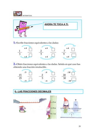 20
MATEMÁTICAS.
1.-Escribe fracciones equivalentes a las dadas:
x 4 x 4 x 4
1 2 7
3 5 9
x 4 x 4 x 4
2.-Obtén fracciones equivalentes a las dadas. Señala en qué caso has
obtenido una fracción irreducible..
: 5 : 4 : 10
15 2 20
25 5 30
: 5 : 4 : 10
AHORA TE TOCA A TI:
6.- LAS FRACCIONES DECIMALES
 