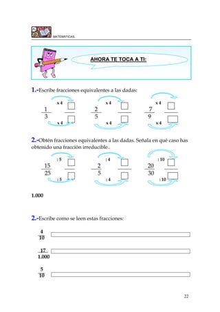 22
MATEMÁTICAS.
1.-Escribe fracciones equivalentes a las dadas:
x 4 x 4 x 4
1 2 7
3 5 9
x 4 x 4 x 4
2.-Obtén fracciones equivalentes a las dadas. Señala en qué caso has
obtenido una fracción irreducible..
: 5 : 4 : 10
15 2 20
25 5 30
: 5 : 4 : 10
1.000
2.-Escribe como se leen estas fracciones:
4
10
17
1.000
5
10
AHORA TE TOCA A TI:
 