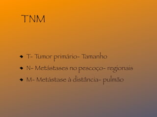 TNM


T- Tumor primário- Tamanho
N- Metástases no pescoço- regionais
M- Metástase à distância- pulmão
 