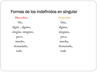 Formas de los indefinidos en singular Masculino Un,  algún , alguno, ningún, ninguno, poco, mucho, demasiado, todo  Femenino Una, alguna, ninguna, poca, mucha, demasiada, toda  