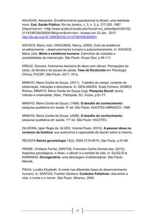 15
KALACHE, Alexandre. Envelhecimento populacional no Brasil: uma realidade
nova. Cad. Saúde Pública, Rio de Janeiro, v. 3, n. 3, p. 217-220, 1987.
Disponível em: <http://www.scielo.br/scielo.php?script=sci_arttext&pid=S0102-
311X1987000300001&lng=en&nrm=iso>. Acesso em 23 Jan. 2017.
http://dx.doi.org/10.1590/S0102-311X1987000300001.
KOVÁCS, Maria Julia; VAICIUNAS, Nancy. (2008). Ciclo da existência:
envelhecimento – desenvolvimento humano e autoconhecimento. In: KOVÁCS,
Maria Júlia. Morte e existência humana: Caminhos de cuidados e
possibilidades de intervenção. São Paulo: Grupo Gen, p.96-111.
KREUZ, Giovana. Autonomia decisória do idoso com câncer. Percepções do
idoso, da família e da equipe de saúde. Tese de Doutorado em Psicologia
Clínica, PUCSP, São Paulo: 2017, 151p.
MINAYO, Maria Cecilia de Souza. (2011). Trabalho de campo: contexto de
observação, interação e descoberta. In: DESLANDES, Suely Ferreira; GOMES
Romeu; MINAYO, Maria Cecilia de Souza (org). Pesquisa Social: teoria,
método e criatividade. 30ed., Petrópolis, RJ: Vozes, p.61-77.
MINAYO, Maria Cecilia de Souza. (1998). O desafio do conhecimento:
pesquisa qualitativa em saúde. 5º ed. São Paulo: HUCITEC-ABRASCO, 1998.
MINAYO, Maria Cecilia de Souza. (2008). O desafio do conhecimento:
pesquisa qualitativa em saúde. 11º ed. São Paulo: HUCITEC.
OLIVEIRA, Iglair Regis de; ALVES, Vicente Paulo. (2010). A pessoa idosa no
contexto da bioética: sua autonomia e capacidade de decidir sobre si mesma.
REVISTA Kairós gerontologia 13(2), ISSN 2176-901X, São Paulo, p.91-98.
PRADE, Cristiane Ferraz; SANTOS, Francisco Carlos Gomes dos. (2012).
Aspectos psicológicos: o idoso, o câncer e o sentido da vida. In: GLIGLIO &
KARNAKIS. Oncogeriatria: uma abordagem multidisciplinar. São Paulo:
Manole.
PAIVA, Lucélia Elizabeth. A morte nas diferentes fases do desenvolvimento
humano. In: SANTOS, Franklin Santana. Cuidados Paliativos: discutindo a
vida, a morte e o morrer. São Paulo: Atheneu, 2009.
 