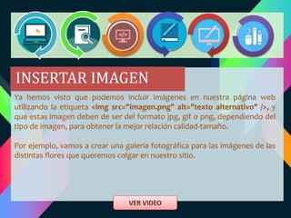 Ya hemos visto que podemos incluir imágenes en nuestra página web
utilizando la etiqueta <img src="imagen.png" alt="texto alternativo" />, y
que estas imagen deben de ser del formato jpg, gif o png, dependiendo del
tipo de imagen, para obtener la mejor relación calidad-tamaño.
Por ejemplo, vamos a crear una galería fotográfica para las imágenes de las
distintas flores que queremos colgar en nuestro sitio.
VER VIDEO
INSERTAR IMAGEN
 