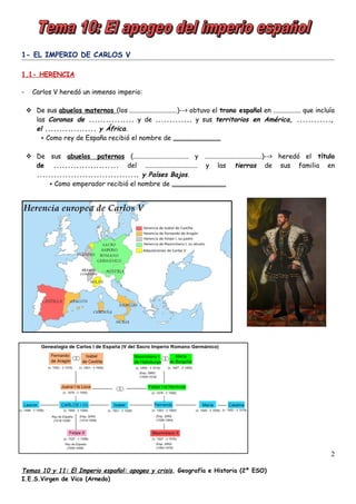 1- EL IMPERIO DE CARLOS V
1.1- HERENCIA
- Carlos V heredó un inmenso imperio:
 De sus abuelos maternos (los .............................)--> obtuvo el trono español en ................. que incluía
las Coronas de ................ y de ............. y sus territorios en América, ............,
el .................. y África.
+ Como rey de España recibió el nombre de .............................
 De sus abuelos paternos (.................................. y ...................................)--> heredó el título
de ....................... del ................................ y las tierras de sus familia en
.................................... y Países Bajos.
+ Como emperador recibió el nombre de .................................
Temas 10 y 11: El Imperio español: apogeo y crisis, Geografía e Historia (2º ESO)
I.E.S.Virgen de Vico (Arnedo)
2
 
