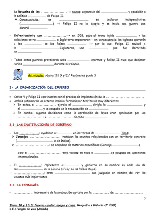 - La Revuelta de los .....................--> causas: expansión del ..................................... y oposición a
la política .......................... de Felipe II.
 Consecuencias: las ......................................... se declaran independientes
(.............................................) --> Felipe II no lo acepta y se inicia una guerra que
durará ..........................
- Enfrentamiento con ..................--> en 1558, sube al trono inglés ............................. y las
relaciones entre ........................... e Inglaterra empeoraron--> en consecuencia: los ingleses apoyarán
a los ........................ de los Países .......................... --> por lo que, Felipe II enviará a
la ......................................................Inglaterra, una .......................... que fue derrotada
en .................................
→ Todas estas guerras provocaron unos ............................... enormes y Felipe II tuvo que declarar
varias ............................................durante su reinado.
Actividades: página 181 (4 y 5)/ Resúmenes punto 3
3- LA ORGANIZACIÓN DEL IMPERIO
• Carlos V y Felipe II continuaron con el proceso de implantación de la ...............................
• Ambos gobernaron un extenso imperio formado por territorios muy diferentes.
 En estos, el ................ ejercía el .........................., dirigía la .................................................. y
el .............................. y se ocupaba de la recaudación de ............................
 En cambio, algunas decisiones como la aprobación de leyes eran aprobadas por los
..................... o .................... de cada ................................
3.1- LAS INSTITUCIONES DE GOBIERNO
- Los ................: ayudaban al ..................... en las tareas de ................................... Tipos:
 Consejos ........................: trataban los asuntos relacionados con un territorio concreto
(................................................... o de Indias).
 ...........................: se ocupaban de materias específicas (Consejo .....................................)
Solo el .......................... tenía validez en todo el ..................... Se ocupaba de cuestiones
internacionales.
- El ..................: representa al ................... y gobierna en su nombre en cada uno de
los .................................. de la corona (virrey de los Países Bajos)
- ........................: eran ................................................. que juzgaban en nombre del rey los
asuntos más importantes.
3.2- LA ECONOMÍA
- ...............: incremento de la producción agrícola por la .............. de .......................
Temas 10 y 11: El Imperio español: apogeo y crisis, Geografía e Historia (2º ESO)
I.E.S.Virgen de Vico (Arnedo)
5
 