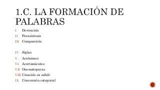 I. Derivación
II. Parasíntesis
III. Composición
IV. Siglas
V. Acrónimos
VI. Acortamientos
VII. Onomatopeyas
VIII. Creación ex nihilo
IX. Conversión categorial
 