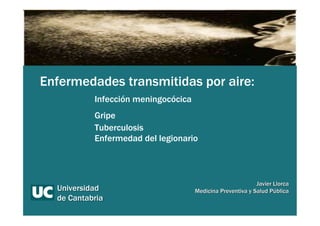 Enfermedades transmitidas por aire:
Infección meningocócica
Gripe
Tuberculosis
Enfermedad del legionario
 