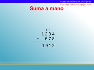 Prueba de Acceso a CFGM [4/20]
           http://fpkanarias.blogspot.com

Suma a mano



     1 1
   1234
  + 678
    1912
 