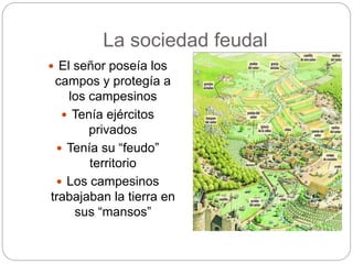 La sociedad feudal
 El señor poseía los
campos y protegía a
los campesinos
 Tenía ejércitos
privados
 Tenía su “feudo”
territorio
 Los campesinos
trabajaban la tierra en
sus “mansos”
 