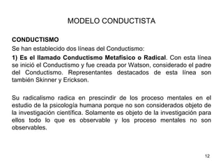 MODELO CONDUCTISTA

CONDUCTISMO
Se han establecido dos líneas del Conductismo:
1) Es el llamado Conductismo Metafísico o Radical. Con esta línea
se inició el Conductismo y fue creada por Watson, considerado el padre
del Conductismo. Representantes destacados de esta línea son
también Skinner y Erickson.

Su radicalismo radica en prescindir de los proceso mentales en el
estudio de la psicología humana porque no son considerados objeto de
la investigación científica. Solamente es objeto de la investigación para
ellos todo lo que es observable y los proceso mentales no son
observables.



                                                                      12
 
