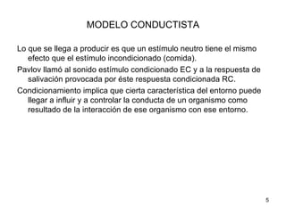 MODELO CONDUCTISTA

Lo que se llega a producir es que un estímulo neutro tiene el mismo
   efecto que el estímulo incondicionado (comida).
Pavlov llamó al sonido estímulo condicionado EC y a la respuesta de
   salivación provocada por éste respuesta condicionada RC.
Condicionamiento implica que cierta característica del entorno puede
   llegar a influir y a controlar la conducta de un organismo como
   resultado de la interacción de ese organismo con ese entorno.




                                                                       5
 