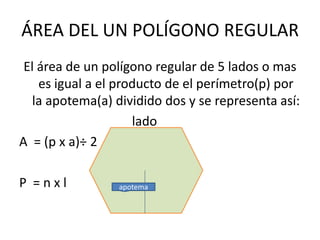 ÁREA DEL UN POLÍGONO REGULAR
El área de un polígono regular de 5 lados o mas
es igual a el producto de el perímetro(p) por
la apotema(a) dividido dos y se representa así:
lado
A = (p x a)÷ 2
ap
P = n x l apotema
 